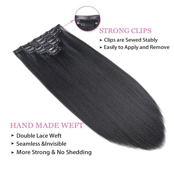 14 Inch Kinky Straight Clip In Hair Extensions Natural Black Full Head Seamless main image 4